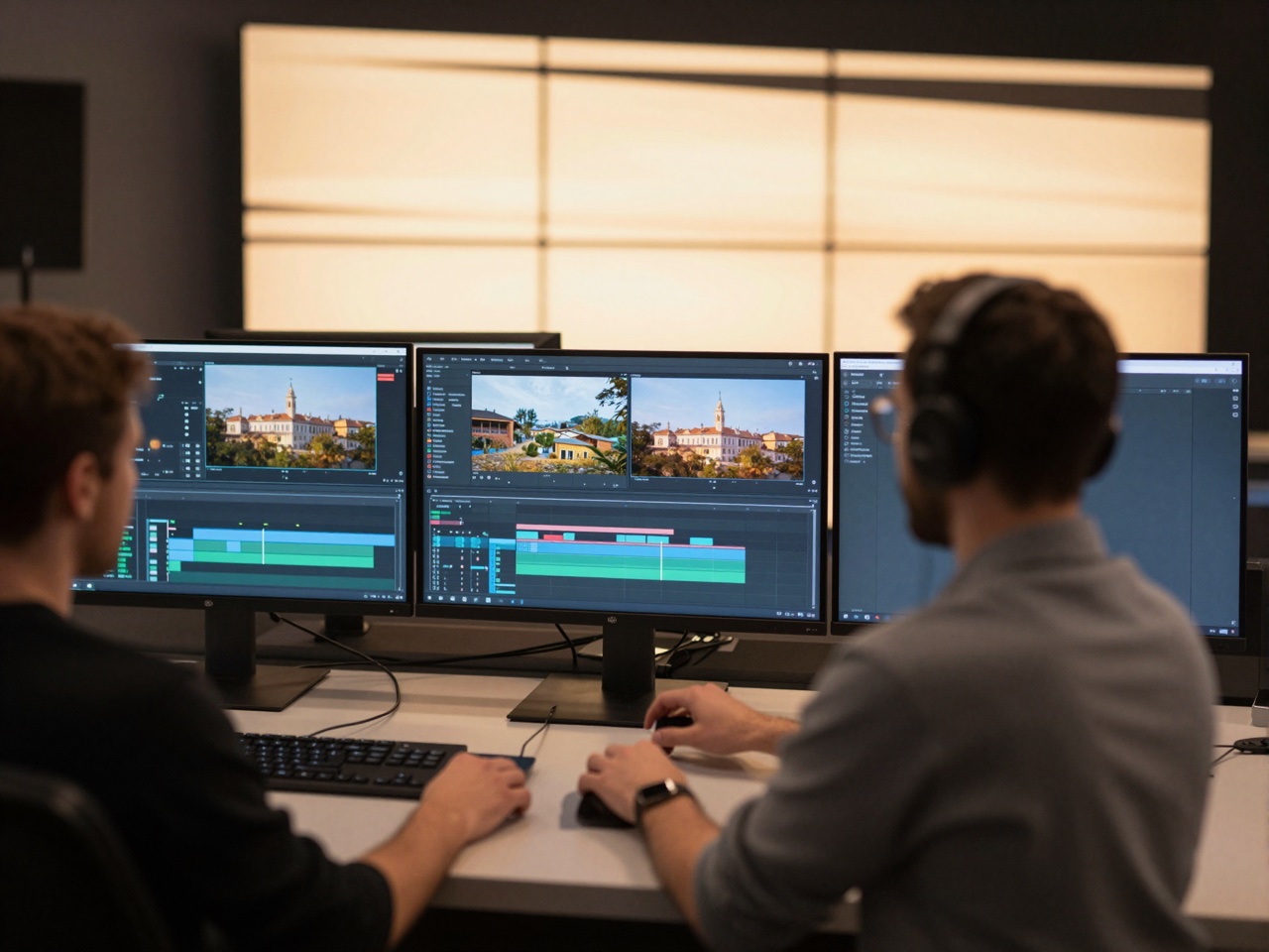 Designer am Control Desk produziert Inhalte für LED-Wand